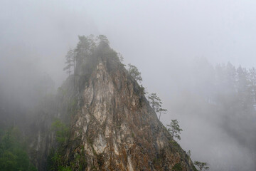 Rock in the morning fog. Ural mountains, Russia.