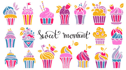 Cakes set. Isolated on white background hand drawn. Handwritten font Sweet moment