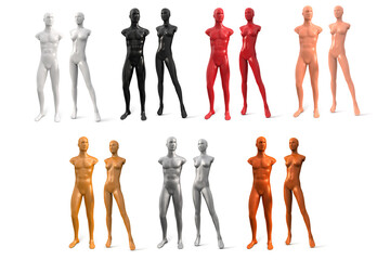 Male and female figure without hands. Plastic undressed mannequins for clothes. Set of white, black, red, beige, gold, silver, bronze colors. Vector 3d illustration isolated on white background.