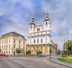 Fototapeta na wymiar TRNAVA, SLOVAKIA - JUNE 16, 2019: St. John the Baptist Cathedral (Slovak: Katedrála svätého Jána Krstiteľa) is one of the most capital historic monuments of Trnava, western Slovakia, Central Europe