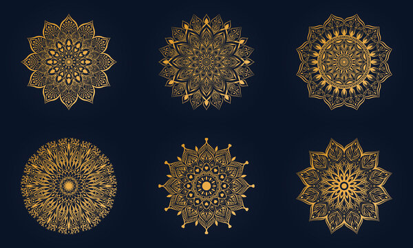 Set of luxury mandala background with floral ornament pattern. Hand drawn gold mandala design. Vector mandala template for decoration invitation, cards, wedding, logos, cover, brochure, flyer, banner.