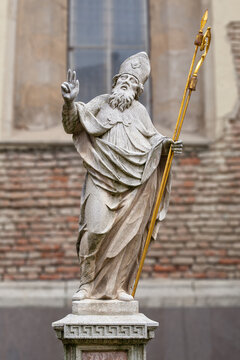 TRNAVA, SLOVAKIA - JUNE 16, 2019: Saint Nicholas statue at the front of Saint Nicolas' Church in Trnava. Slovak Republic. Central Europe.