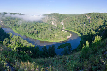 Ural landscape. Panoramic view of Belaya river. Bashkiria national park, Bashkortostan, Russia.