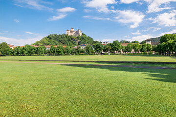 Italian town with castle. Angera and the castle or Rocca of Angera located on the shores of Lake...