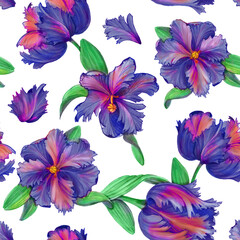 Parrot Tulip Hand Drawn Pencil Seamless Pattern