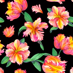 Parrot Tulip Hand Drawn Pencil Seamless Pattern