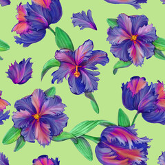 Parrot Tulip Hand Drawn Pencil Seamless Pattern