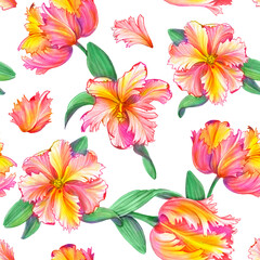 Parrot Tulip Hand Drawn Pencil Seamless Pattern