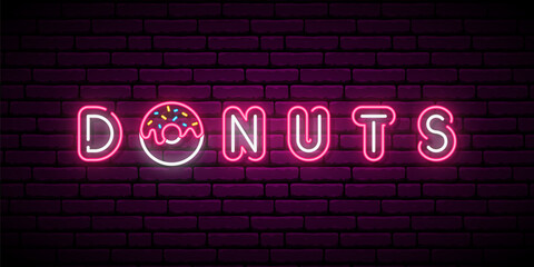 Neon Donut signboard. Bright horizontal banner with Donut and text. Stock vector illustration.
