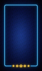 Neon vertical frame banner on brick wall. Realistic neon frame with five stars. Star rating. Vector neon design template. © greens87