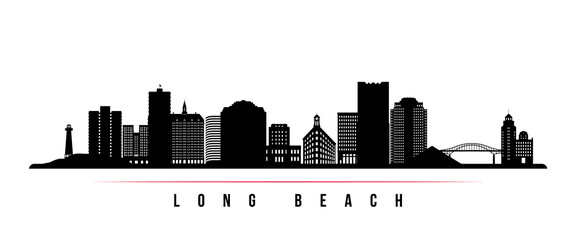 Long Beach skyline horizontal banner. Black and white silhouette of Long Beach, California. Vector template for your design. - obrazy, fototapety, plakaty