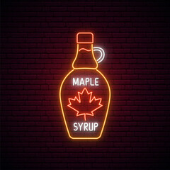 Neon Maple syrup bottle sign. Glowing neon Maple syrup emblem. Bright signboard, light banner. Vector illustration.