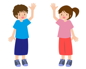 スポーティーなファッションをした手を上げる若い男女のイラスト