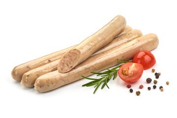 Pork Chipolata Sausages with herbs, pepper and tomatoes, isolated on a white background. Close-up.