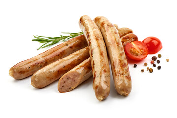 Fried Munich White Sausges with herbs, pepper and tomatoes, isolated on a white background. Close-up.