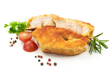 Fried Batterer Fish Fillet with herbs, pepper and tomatoes, isolated on a white background. Close-up