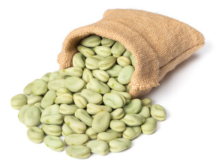 dried green faba beans in the sack, isolated on white background