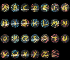cool set of circular or round vinyl stickers with handwritten alphabet letters on black background and holographic texture, basic school poster idea or sticky design elements.
