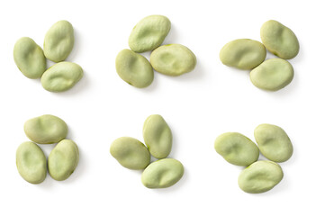 dried green broad beans isolated on white backround, top view