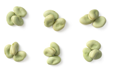 dried green broad beans isolated on white backround, top view
