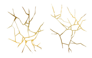 Fototapeta premium Golde kintsugi crack vector isolated elements. Golden texture. Broken ground wall glass pattern effect. Damage glass background. Earthquake isolated concrete. Break fissure crash land. Kintsugi crack.