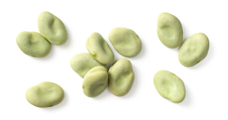 dried green broad beans isolated on white backround, top view