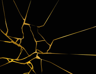 Gold kintsugi crack vector card on black background. Golden texture. Broken marble luxury stone pattern effect. Foil wallpaper glitter graphic. Wedding card template. Cover surface