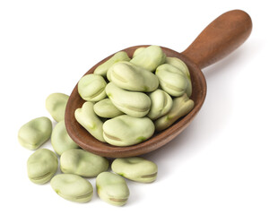 uncooked dried green faba beans in the wooden spoon, isolated on white background