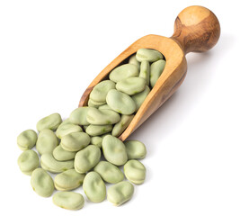 uncooked dried green faba beans in the wooden scoop, isolated on white background