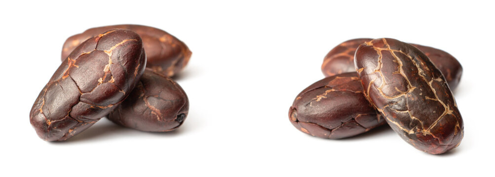 peeled cocoa beans isolated on white background