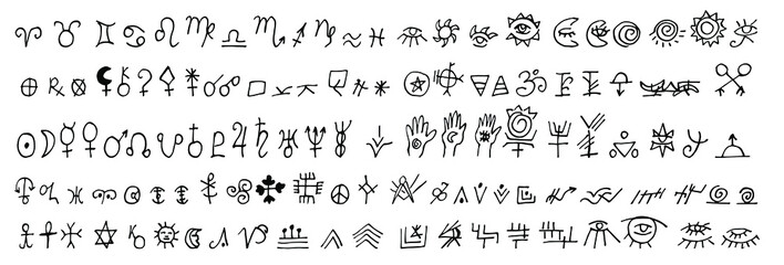Set of alchemical, astrological and esoteric signs. Symbols of zodiac signs, planets, asteroids. Vector black icons isolated on a white background. Sketch in Doodle style.