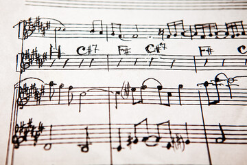 handwritten musical score . Sheet music of musical opus . Sheet music and accords om a paper