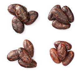 peeled cocoa beans isolated on white background, top view