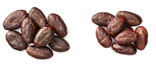 peeled cocoa beans isolated on white background, top view