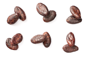 peeled cocoa beans isolated on white background, top view
