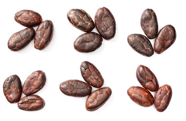 peeled cocoa beans isolated on white background, top view