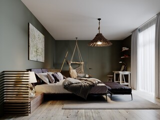 Boho style bedroom interior with olive color walls and two leather ottomans.