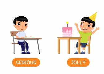 JOLLY and SERIOUS antonyms word card vector template. Opposites concept. Child at school, asian boy celebrating holiday flat illustration with typography. Flashcard for english language learning.