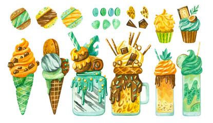 Sweet-stuff, confection hand drawn illustrations in african leopard, zebra and giraffe style. Milkshake, cookies, cupcake,  ice cream, marshmallows, macaroon, sweets, marmalade, cookies, caramel and c