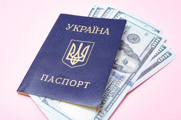 Ukrainian passport on a pink background. $ 100 dollars are inside the passport at different angles