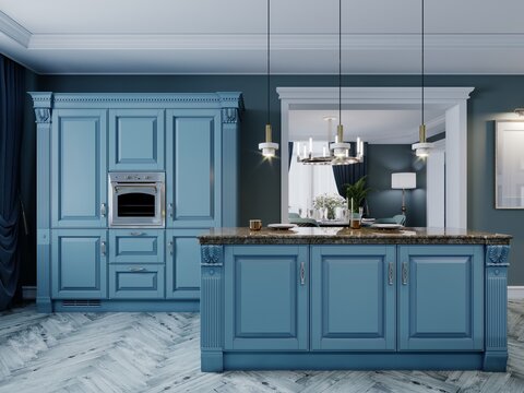 Fashionable kitchen with blue walls and blue furniture, a kitchen in a modern classic style.
