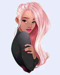 Gordijnen Portret van een mooie vrouw met roze haar. vector illustratie © ddraw