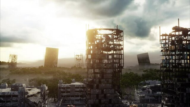Apocalypse city in fog. Aerial View of the destroyed city. Apocalypse concept. Super realistic 4k animation.