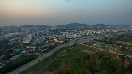 .scenery sunset above Dechatiwong bridge across Chao Phraya river in Nakornsawan province Thailand