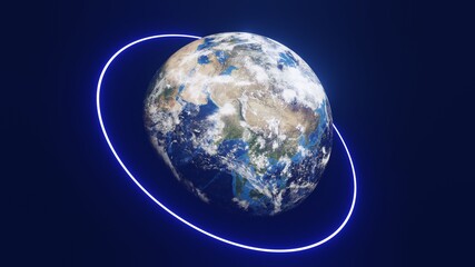 3D illustration of a world surrounded by a blue ring On a black background