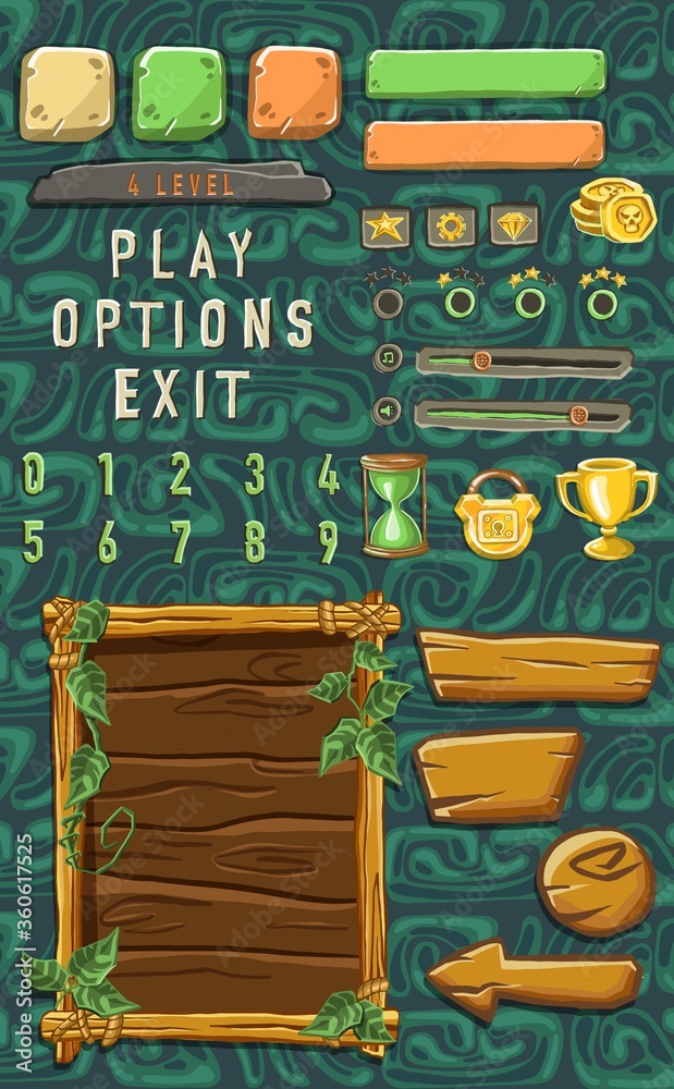 Poster game template with elements of game objects. vector illustration