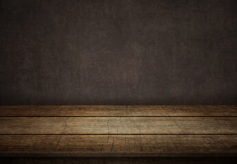 Wooden floor on a dark wall vintage background. 3d illustration.