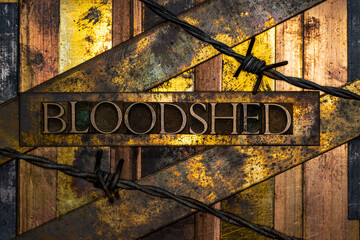 Bloodshed text formed with real authentic typeset letters on vintage textured silver grunge copper and gold background with barb wire
