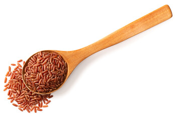 raw red rice in the wooden spoon, isolated on white background, top view