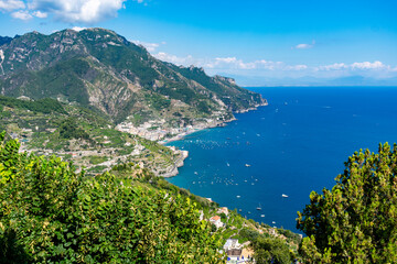 Fototapeta na wymiar Italy, Campania, Ravello - 15 August 2019 - View of the Amalfi coast from the terrace of Villa Cimbrone